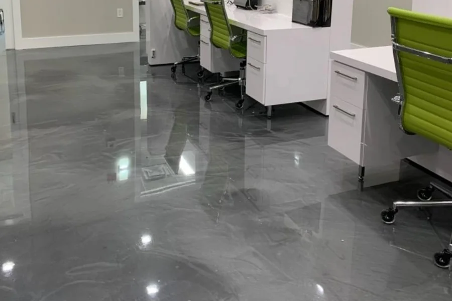 Metallic epoxy flooring with reflective finish